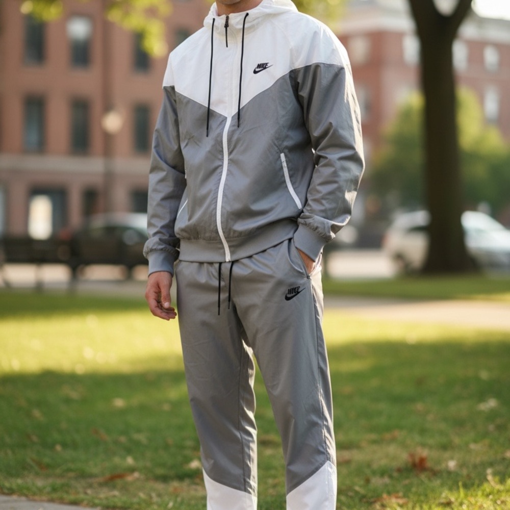Nike Gray White Windbreaker Tracksuit Set Jacket Pants NEW